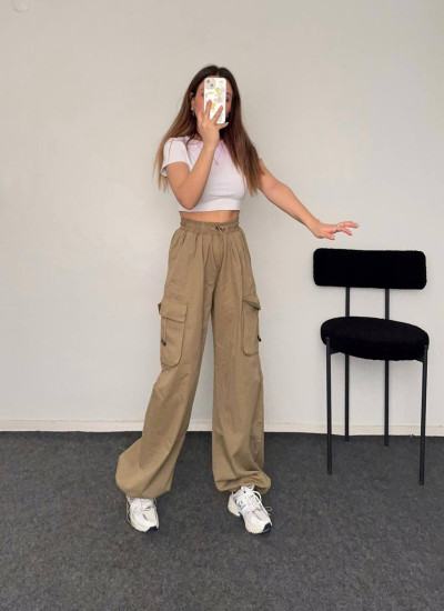 Bej Extra Baggy Keten Pantolon