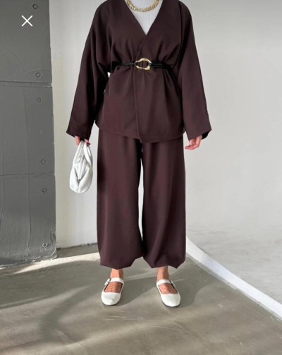 Deri Kemerli Ceketli Takım kahverengi