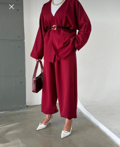 Deri Kemerli Ceketli Takım KIRMIZI