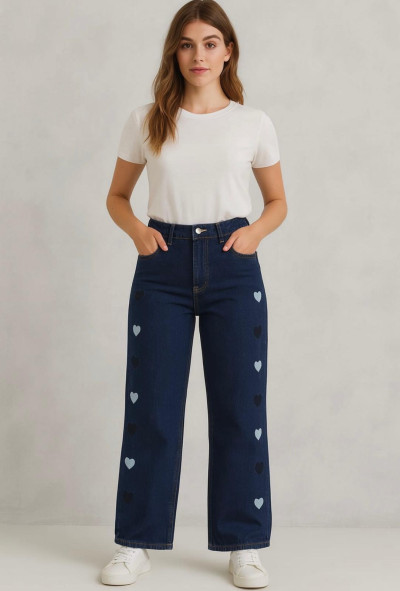 Kalp Nakışlı Baggy Jean