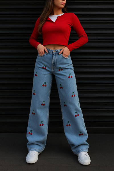 Kirazlı Baggy Jean Açık Mavi