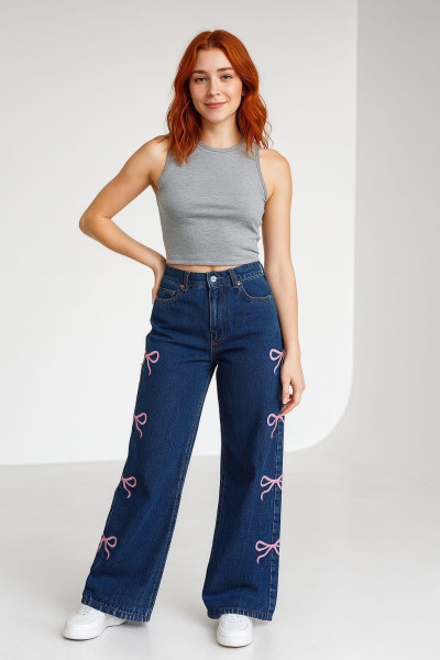 Kurdele Nakışlı Baggy Jean