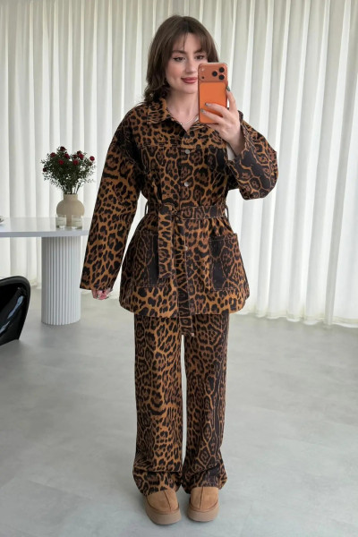 Leoparlı Denim Takım